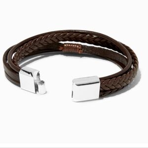 NEW men brown leather braided bracelet  silver snap magnet closure